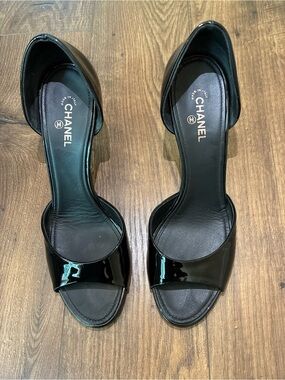 CHANEL Black Patent Leather Open-Toe D'Orsay Heels